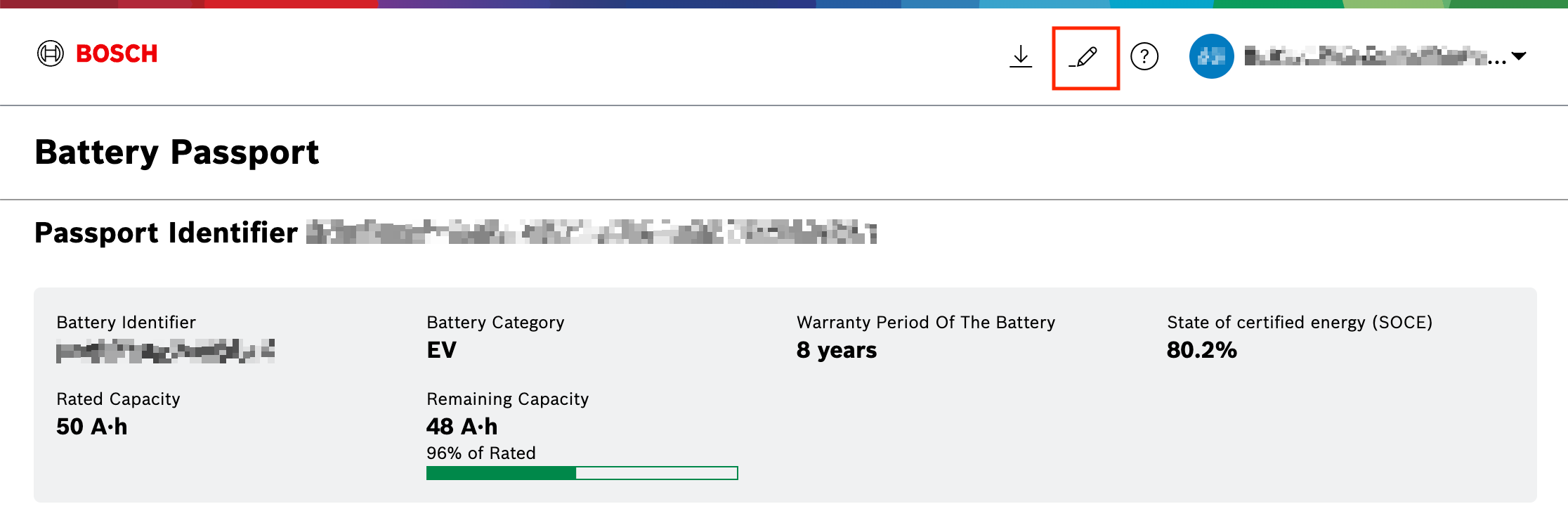 Battery Passport page with 'Edit Battery Passport' icon