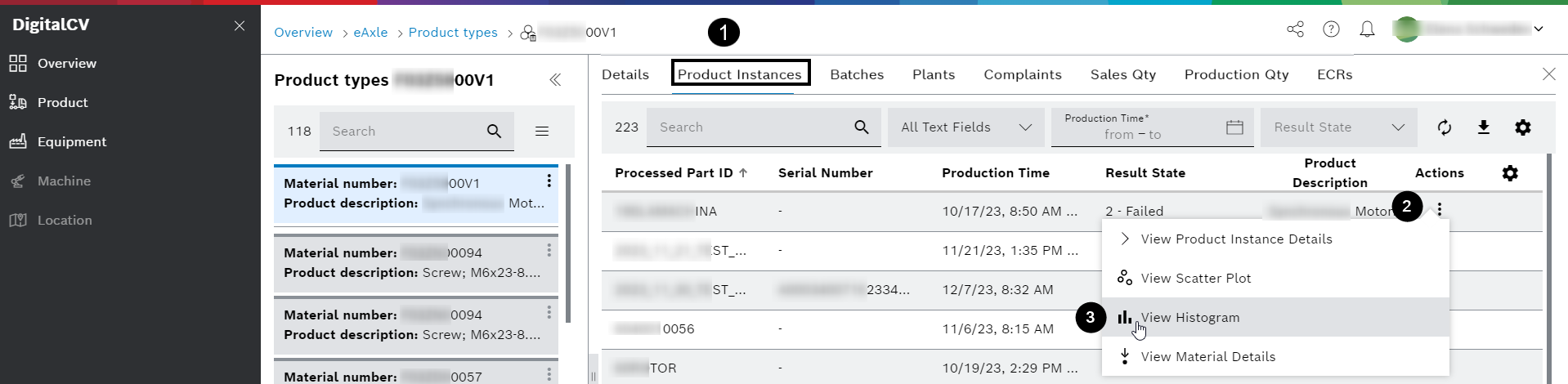 DigitalCV product types view aspect product instances tab actions menu histogram