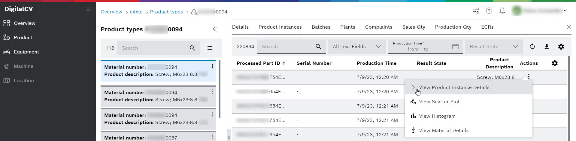 DigitalCV product types view aspect product instances tab actions menu product instance details
