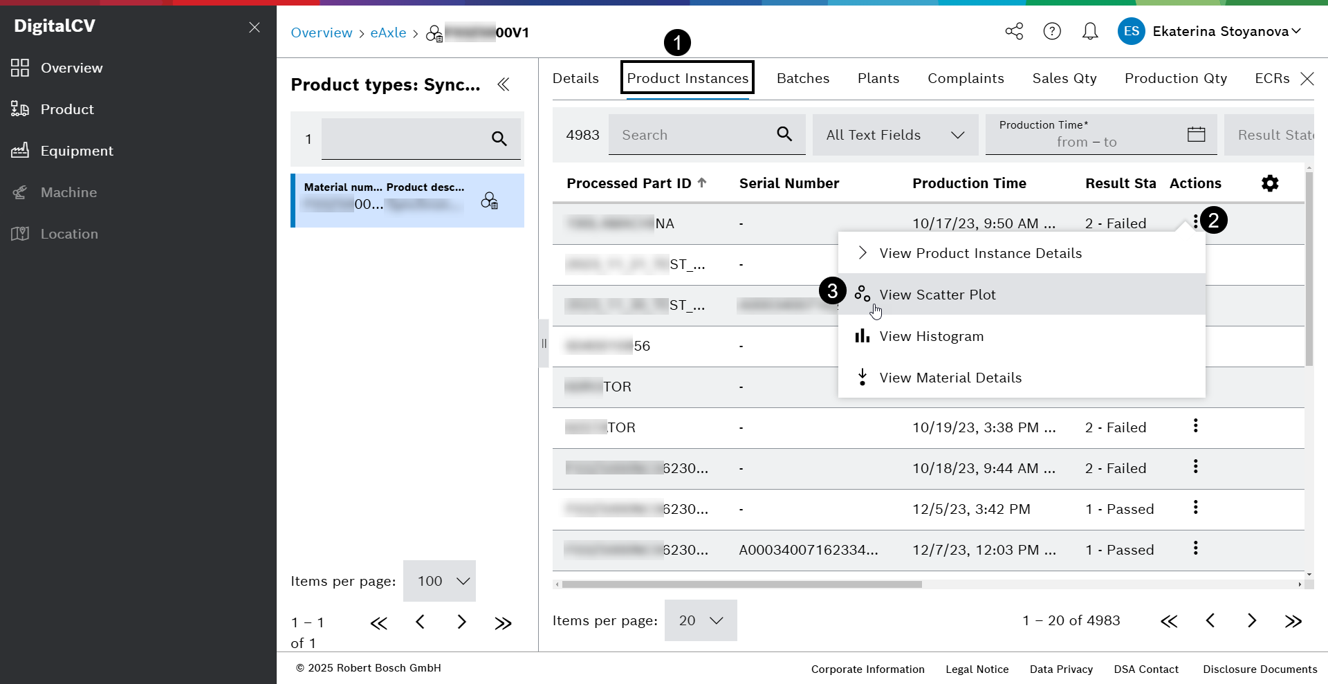 DigitalCV product types view aspect product instances tab actions menu scatter plot