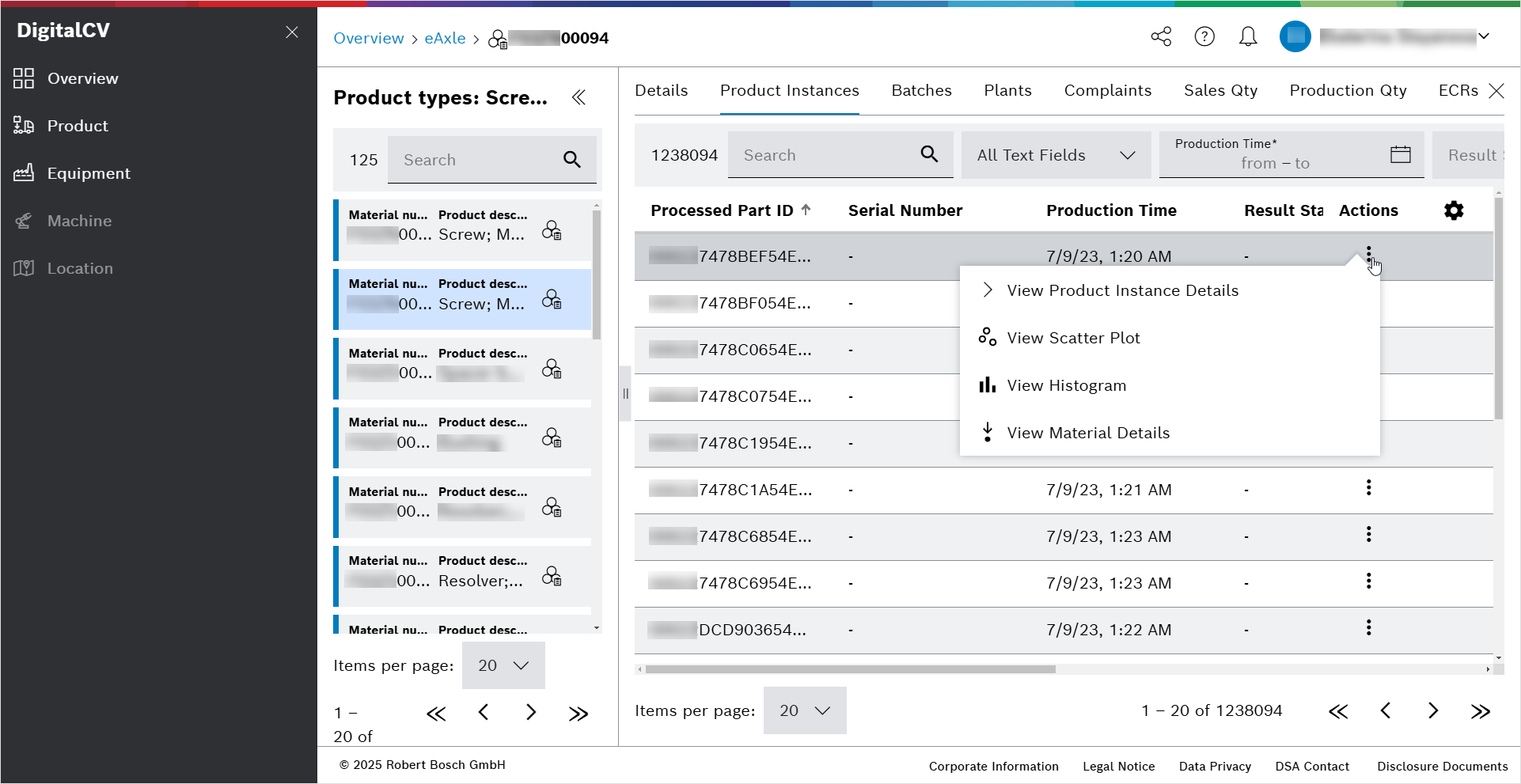 DigitalCV product types view aspect product instances actions menu