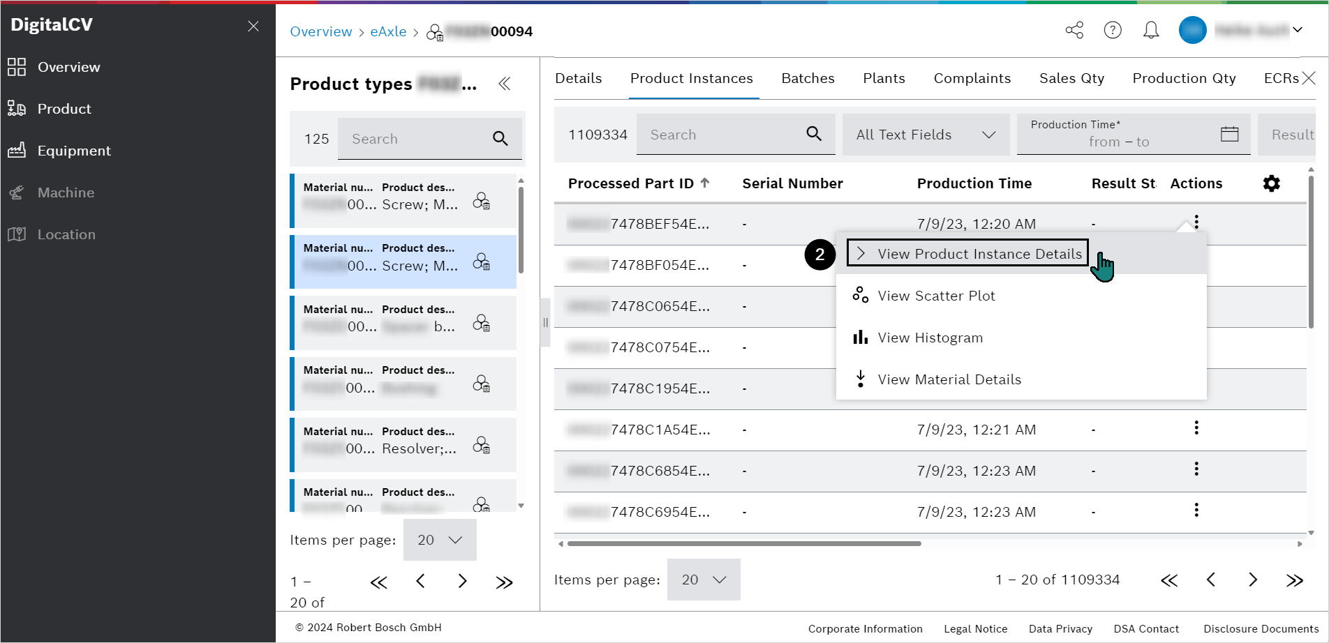 DigitalCV product types view aspect product instances actions menu view product instance details