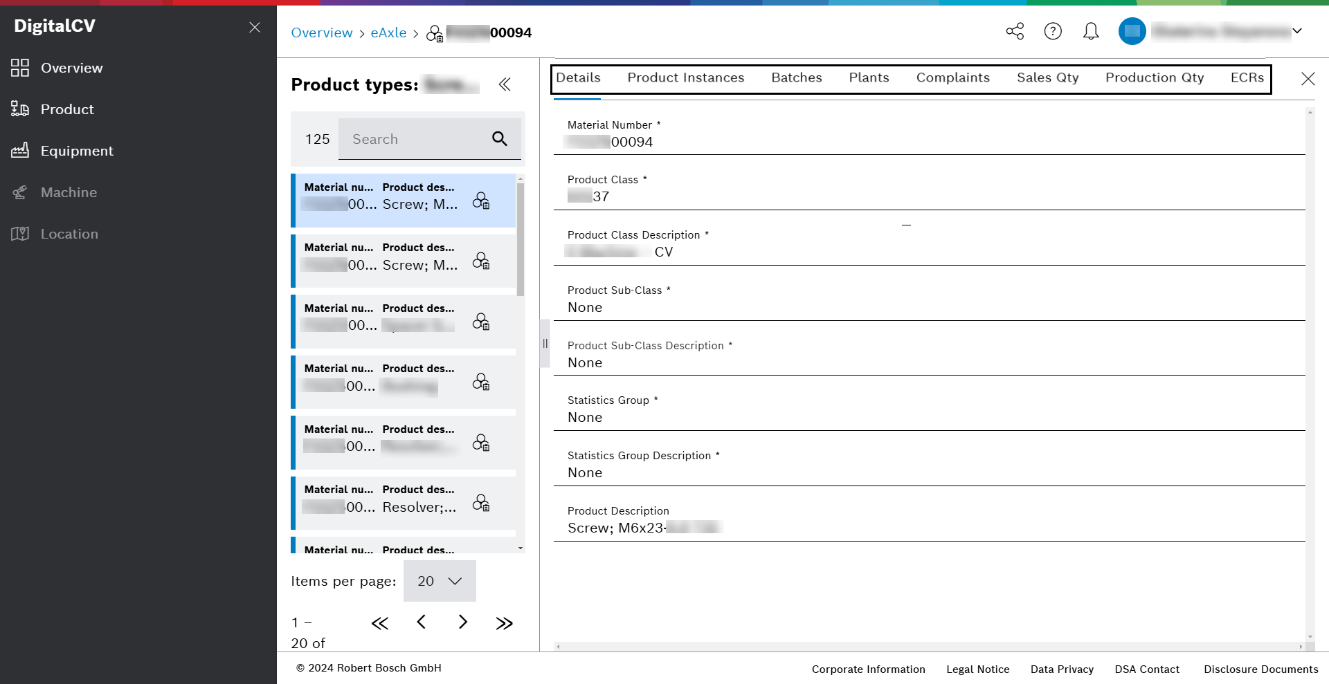 DigitalCV product types view aspect product instances details aspects tabs