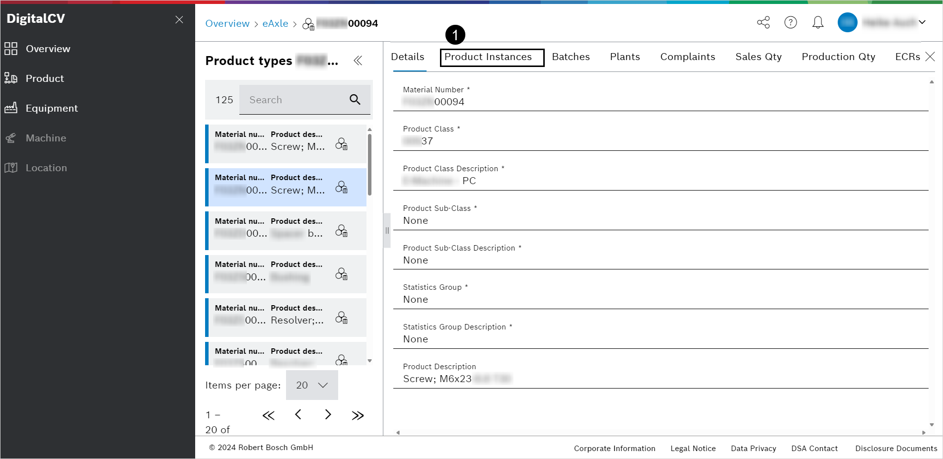 DigitalCV product types view aspect product instances details tab product instances
