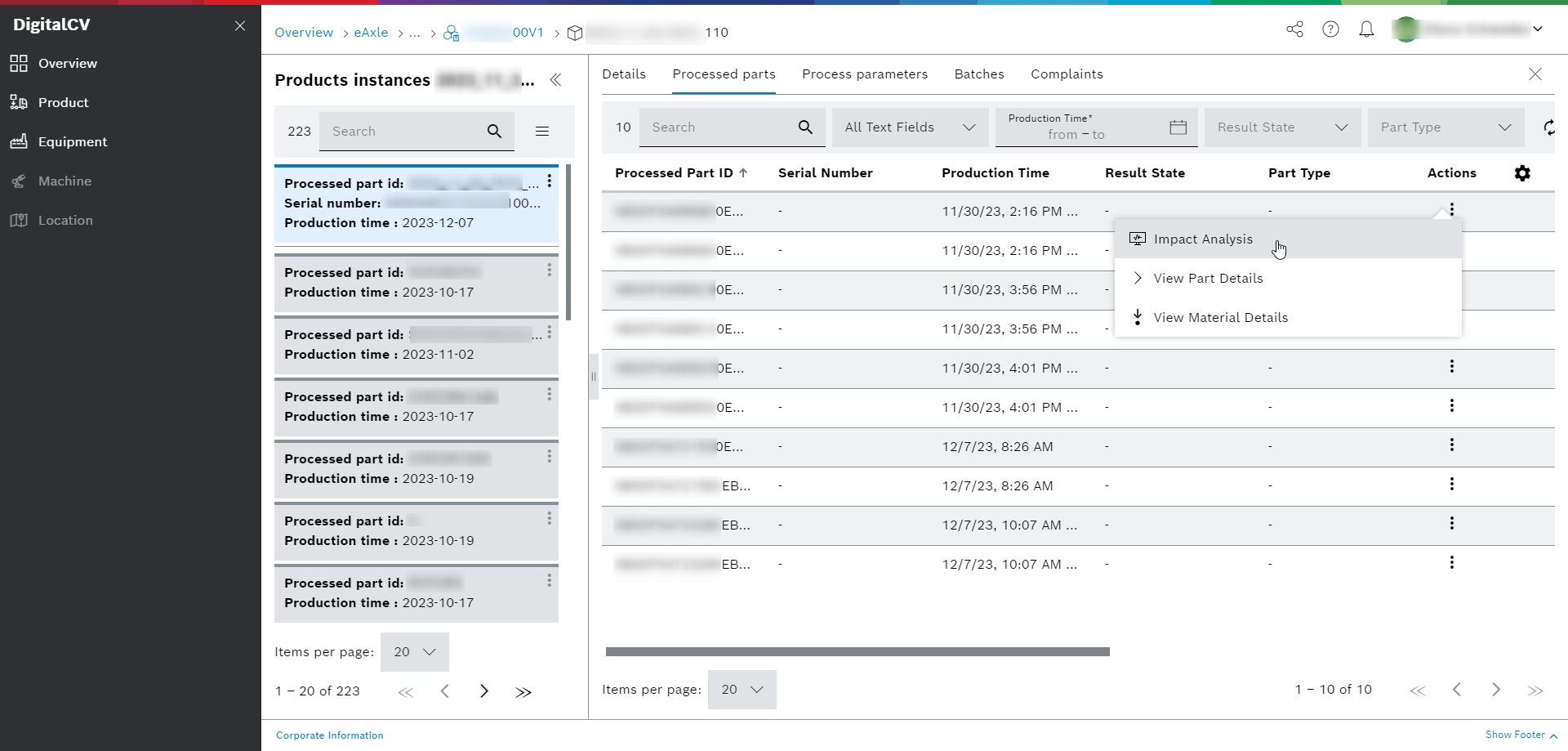 DigitalCV product types view aspect product instances processed parts actions menu impact analysis