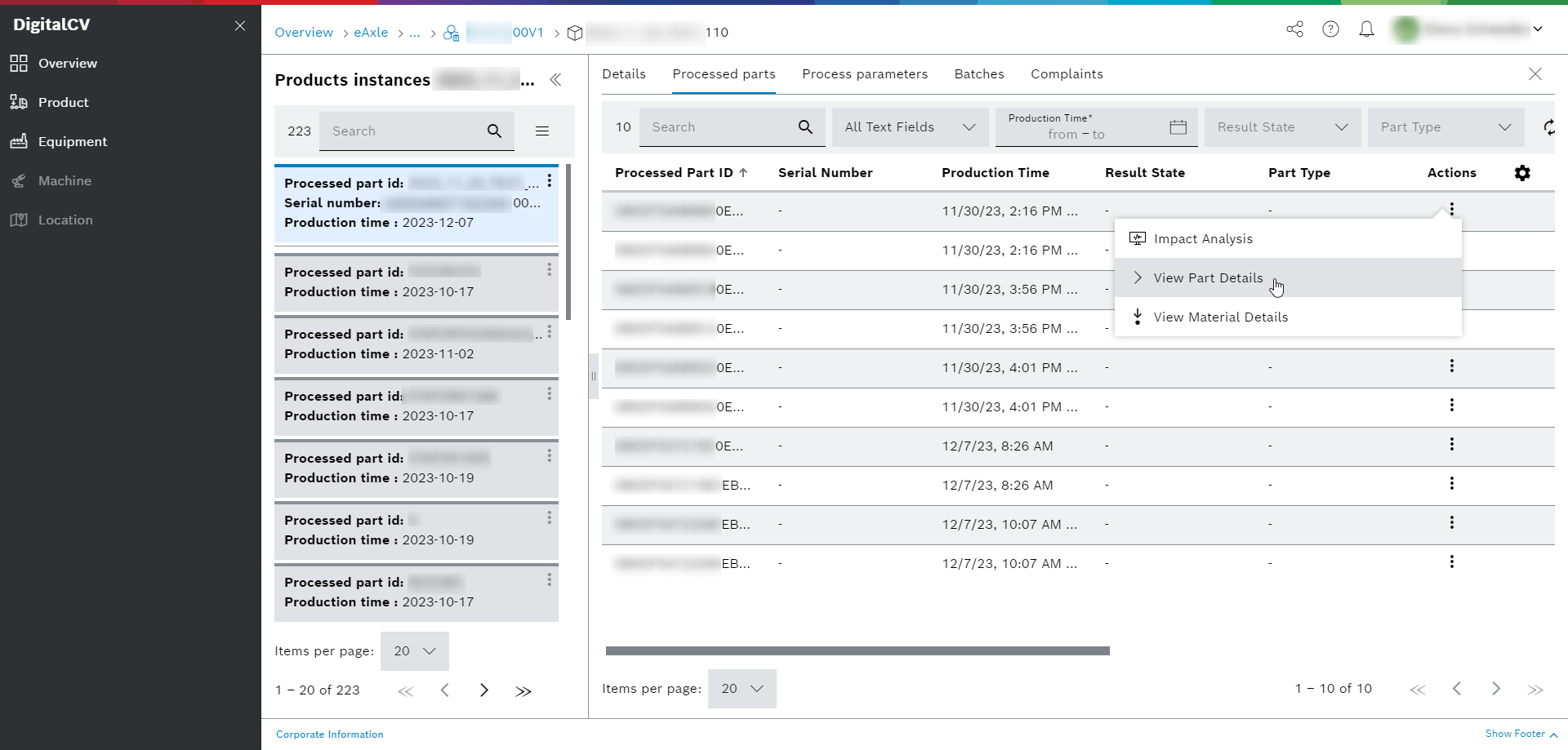 DigitalCV product types view aspect product instances processed parts actions menu view part details