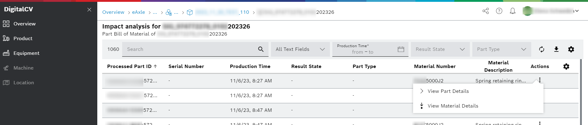 DigitalCV product types view aspect product instances processed parts impact analysis actions menu