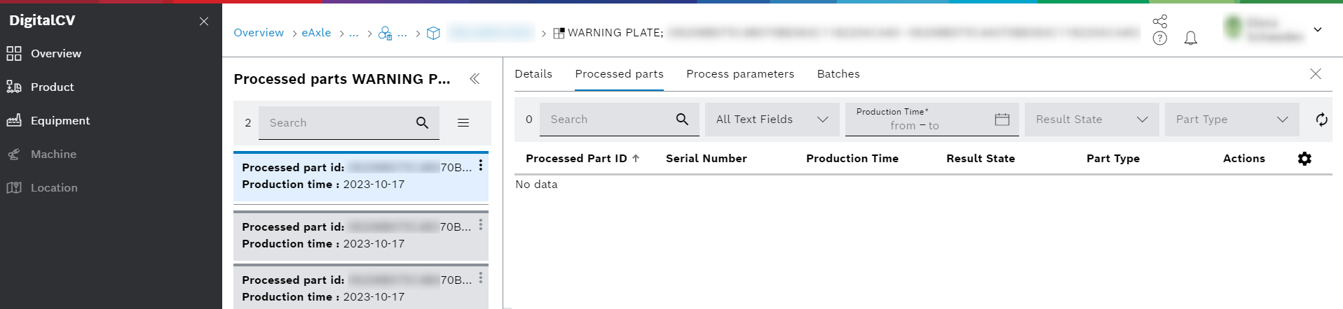 DigitalCV product types view aspect product instances processed parts part details