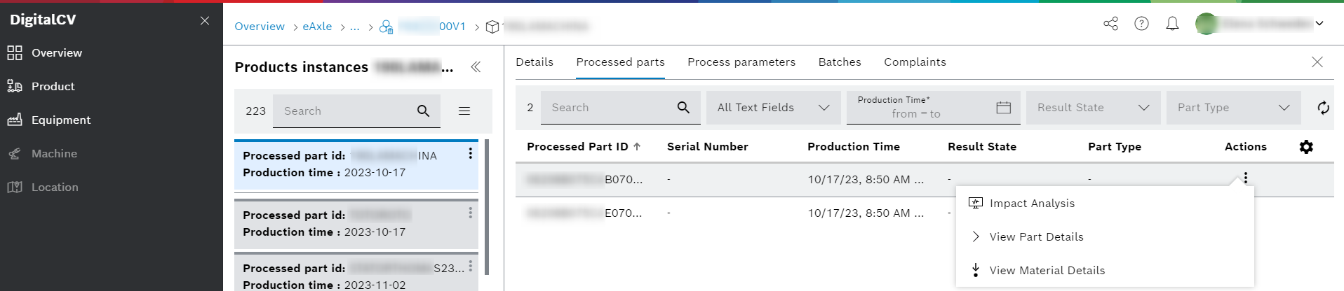 DigitalCV product types view aspect product instances product instances detail actions menu
