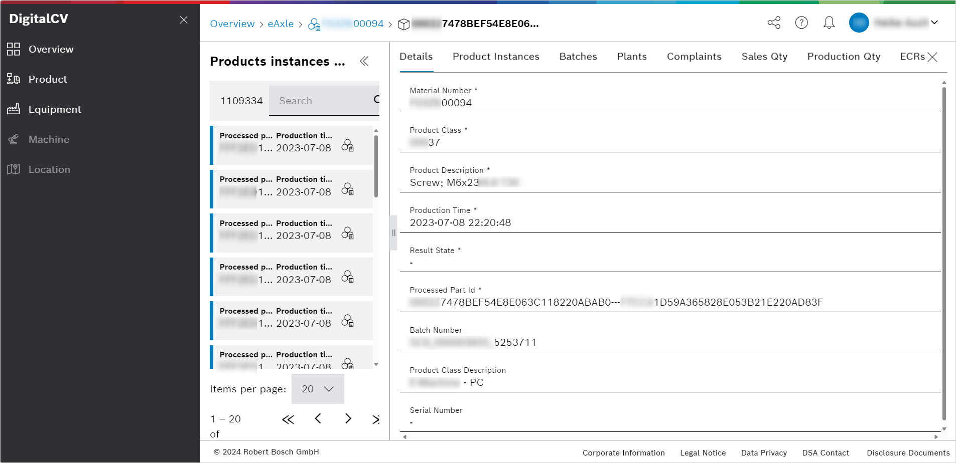 DigitalCV product types view aspect product instances selected product instances