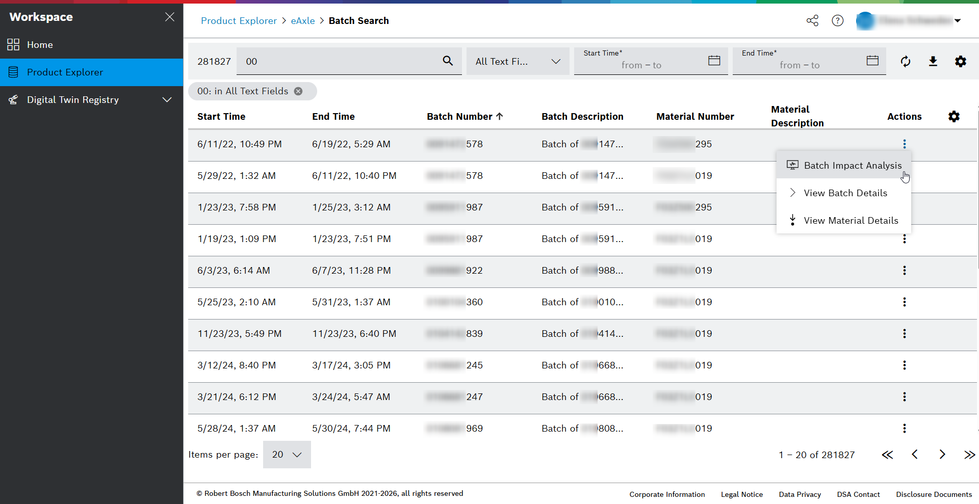ProductExplorer basic search batch search actions menu batch impact analysis