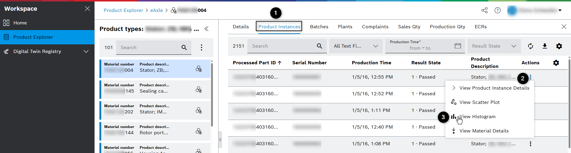 ProductExplorer product types view aspect product instances tab actions menu histogram