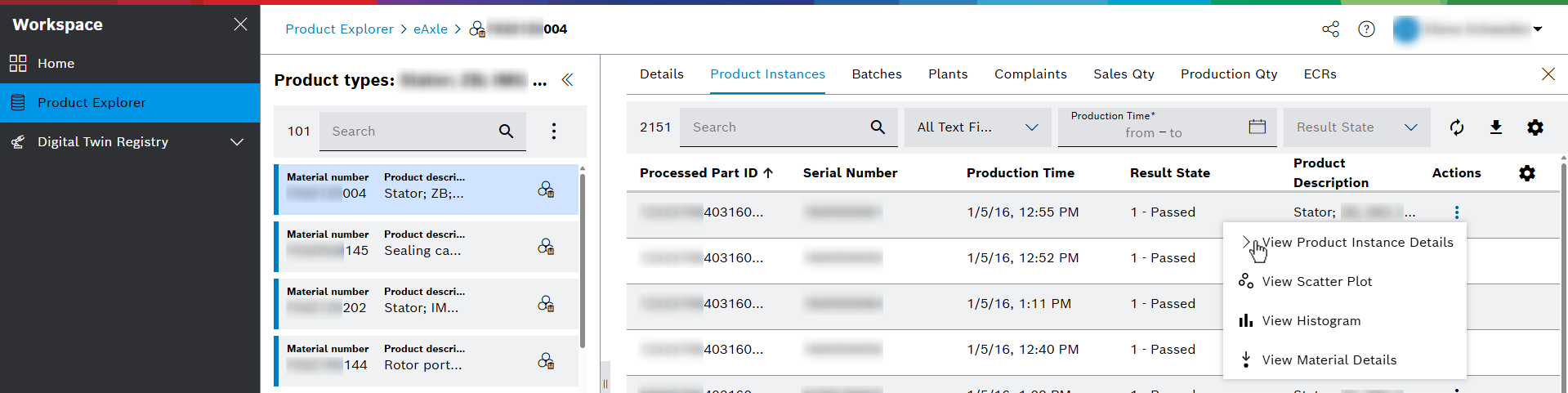 ProductExplorer product types view aspect product instances tab actions menu product instance details