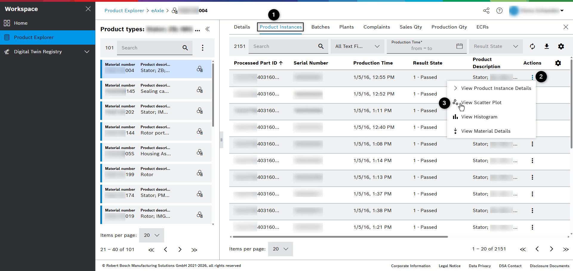 ProductExplorer product types view aspect product instances tab actions menu scatter plot