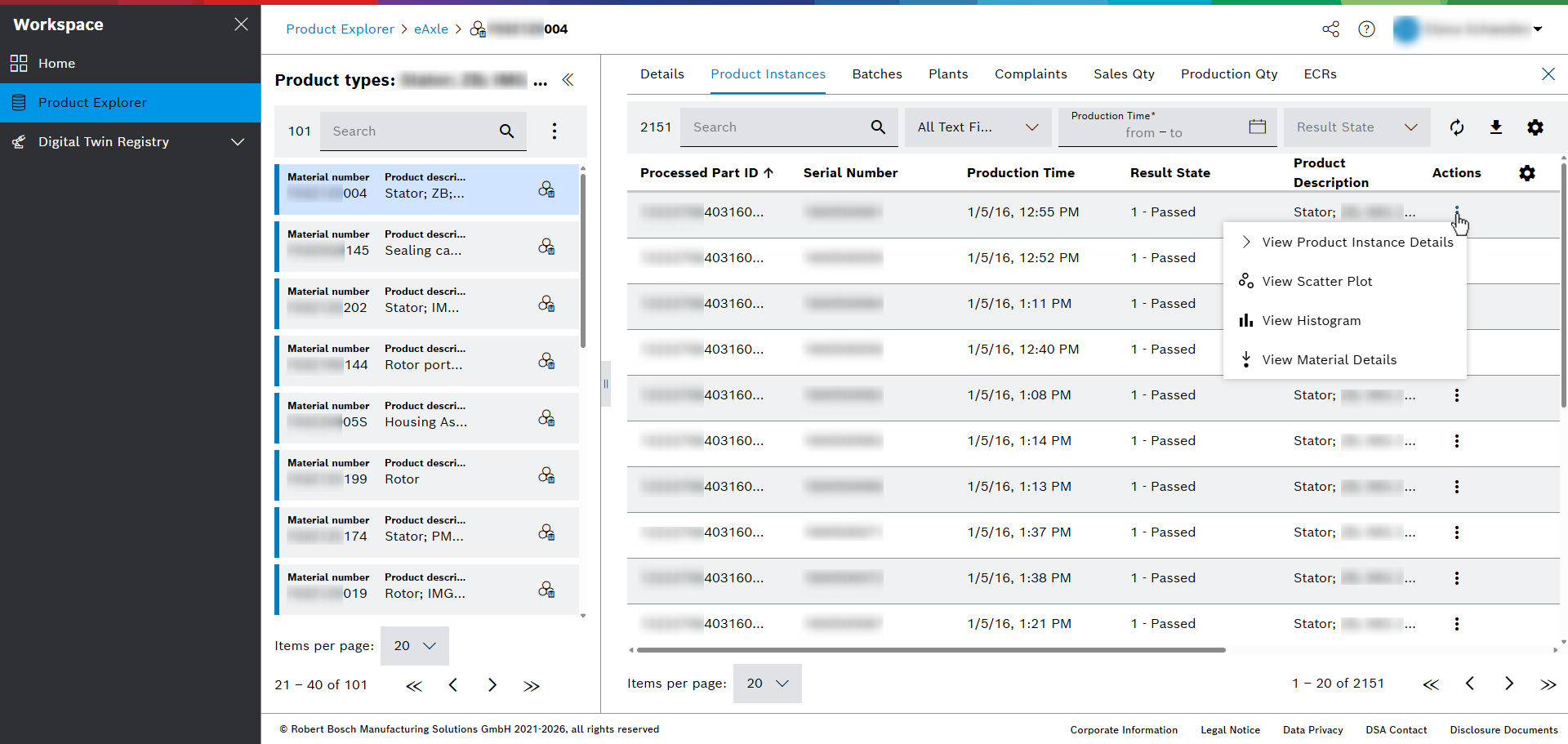 ProductExplorer product types view aspect product instances actions menu