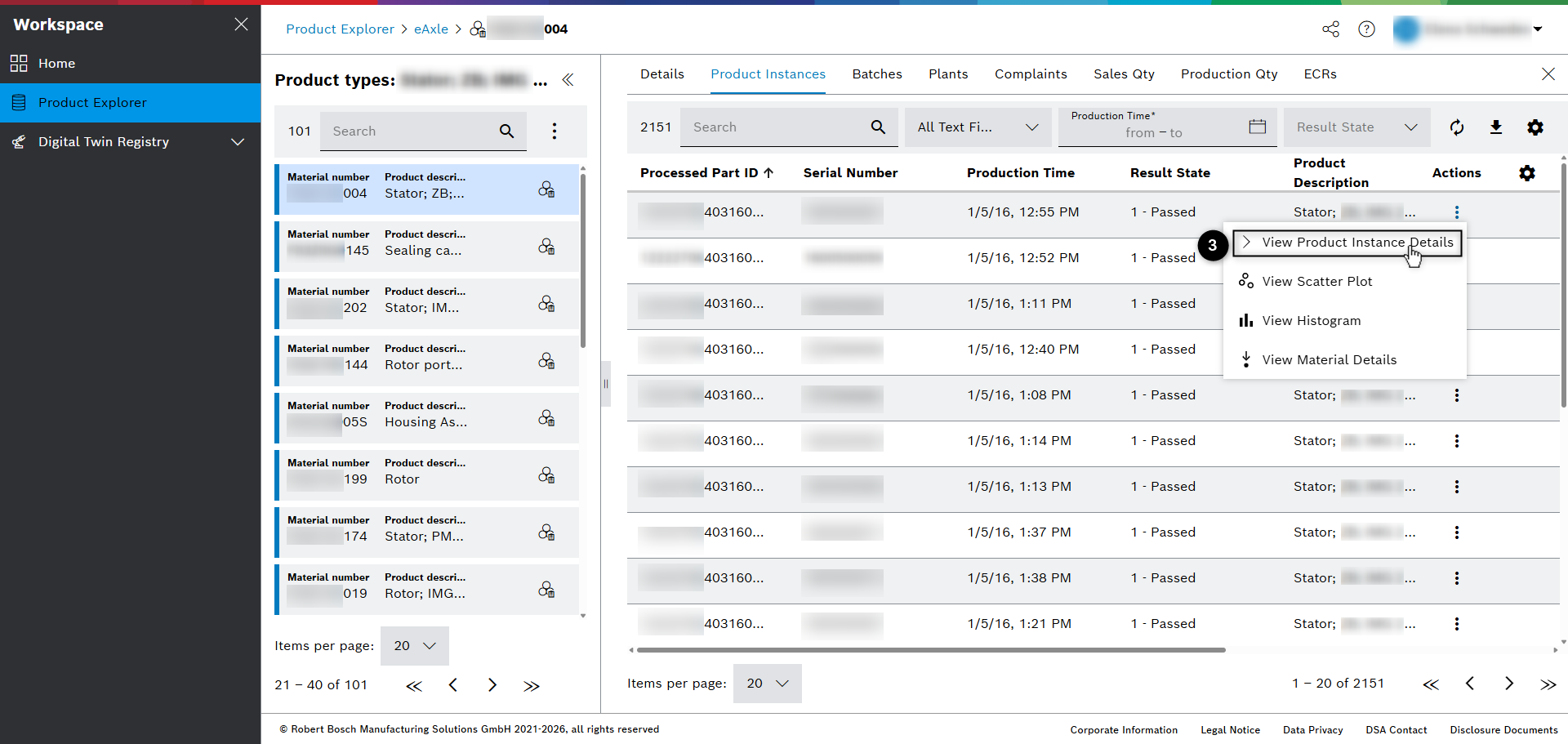 ProductExplorer product types view aspect product instances actions menu view product instance details