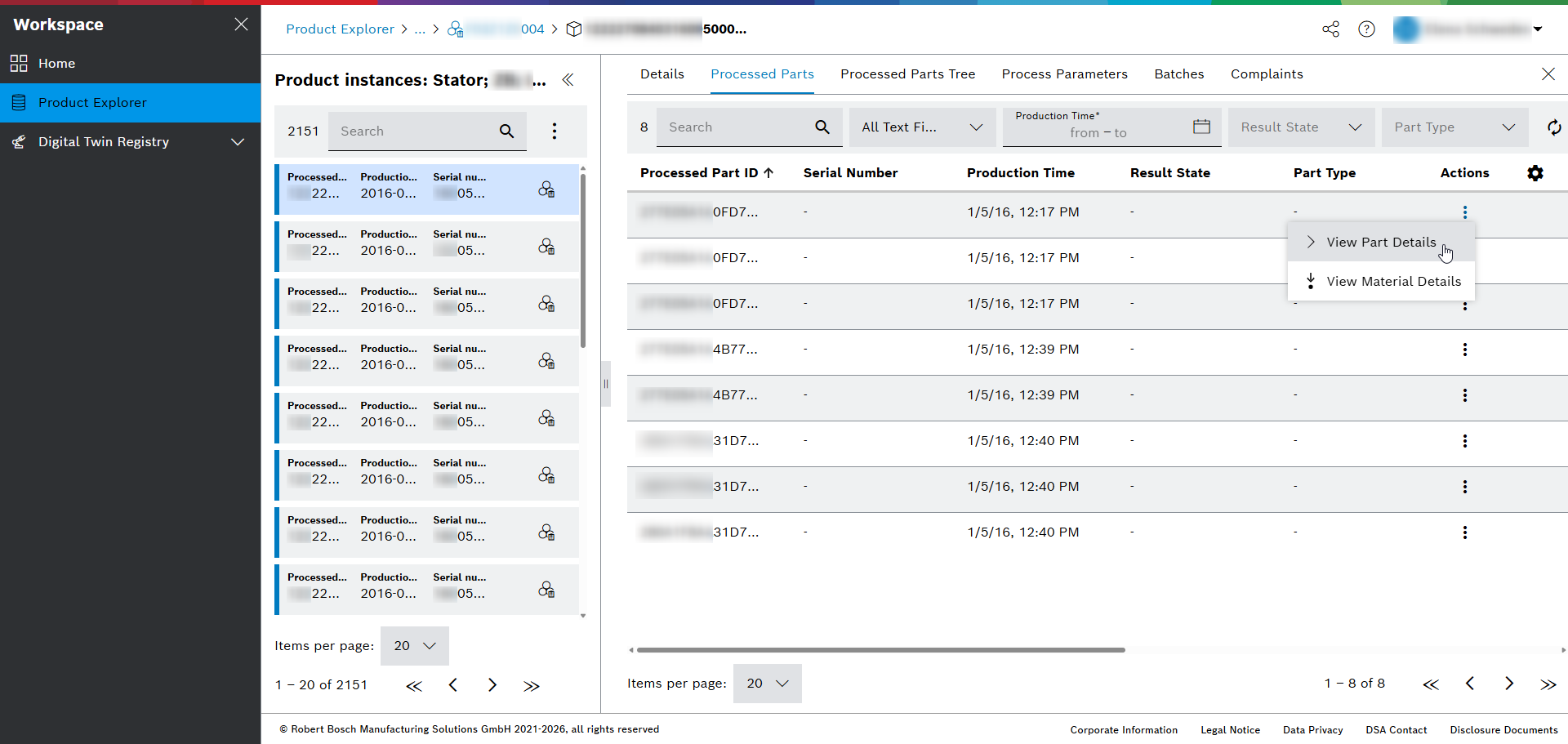 ProductExplorer product types view aspect product instances processed parts actions menu view part details