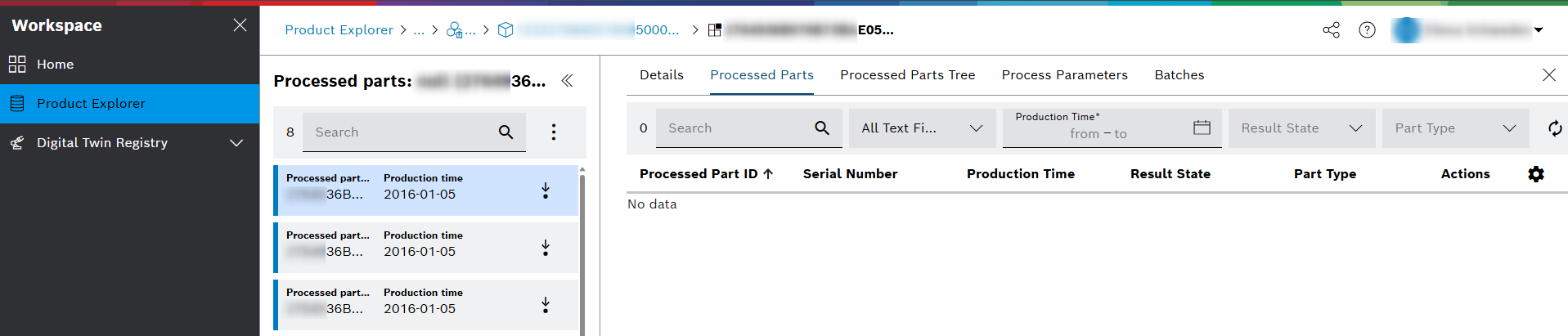 ProductExplorer product types view aspect product instances processed parts part details