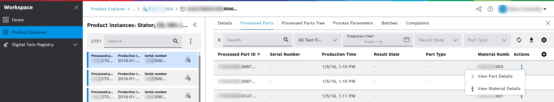 ProductExplorer product types view aspect product instances product instances detail actions menu